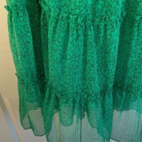 WHISTLES Green Midi Sketched Floral Frill Dress Chiffon US 2 Small RRP $339 WHISTLES Green Midi Sketched Floral Frill Dress Chiffon US 2 Small RRP $339